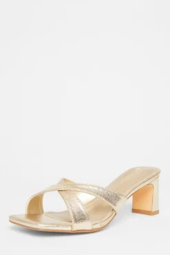 Quiz Wide Fit Cross Strap Mule Heels Gold Sale