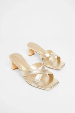 Quiz Wide Fit Cross Strap Mule Heels Gold Sale