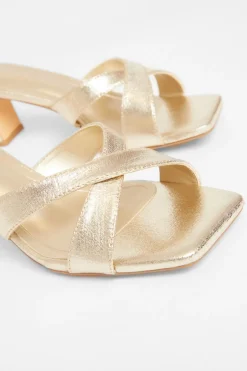 Quiz Wide Fit Cross Strap Mule Heels Gold Sale
