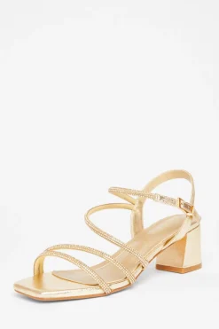 Quiz Wide Fit Diamante Block Heels Gold New