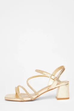 Quiz Wide Fit Diamante Block Heels Gold New
