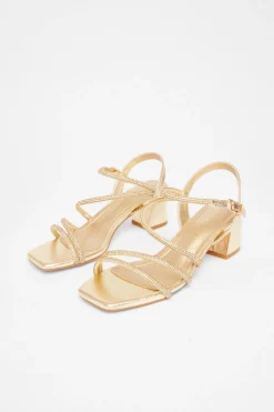 Quiz Wide Fit Diamante Block Heels Gold New