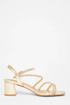 Quiz Wide Fit Diamante Block Heels Gold New