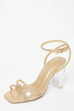 Quiz Wide Fit Diamante Clear Block Heels Gold Discount
