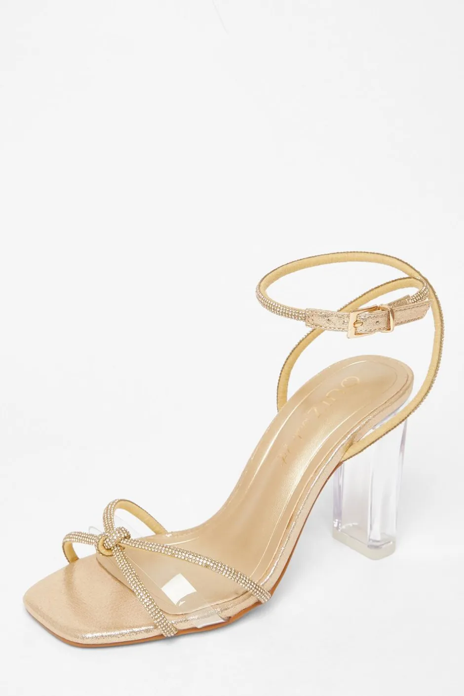 Quiz Wide Fit Diamante Clear Block Heels Gold Discount