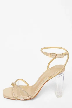 Quiz Wide Fit Diamante Clear Block Heels Gold Discount