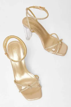 Quiz Wide Fit Diamante Clear Block Heels Gold Discount