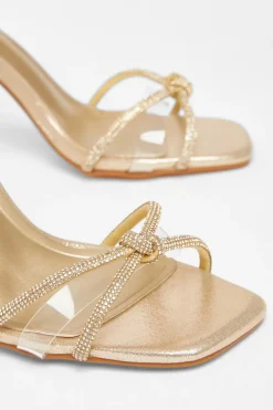 Quiz Wide Fit Diamante Clear Block Heels Gold Discount
