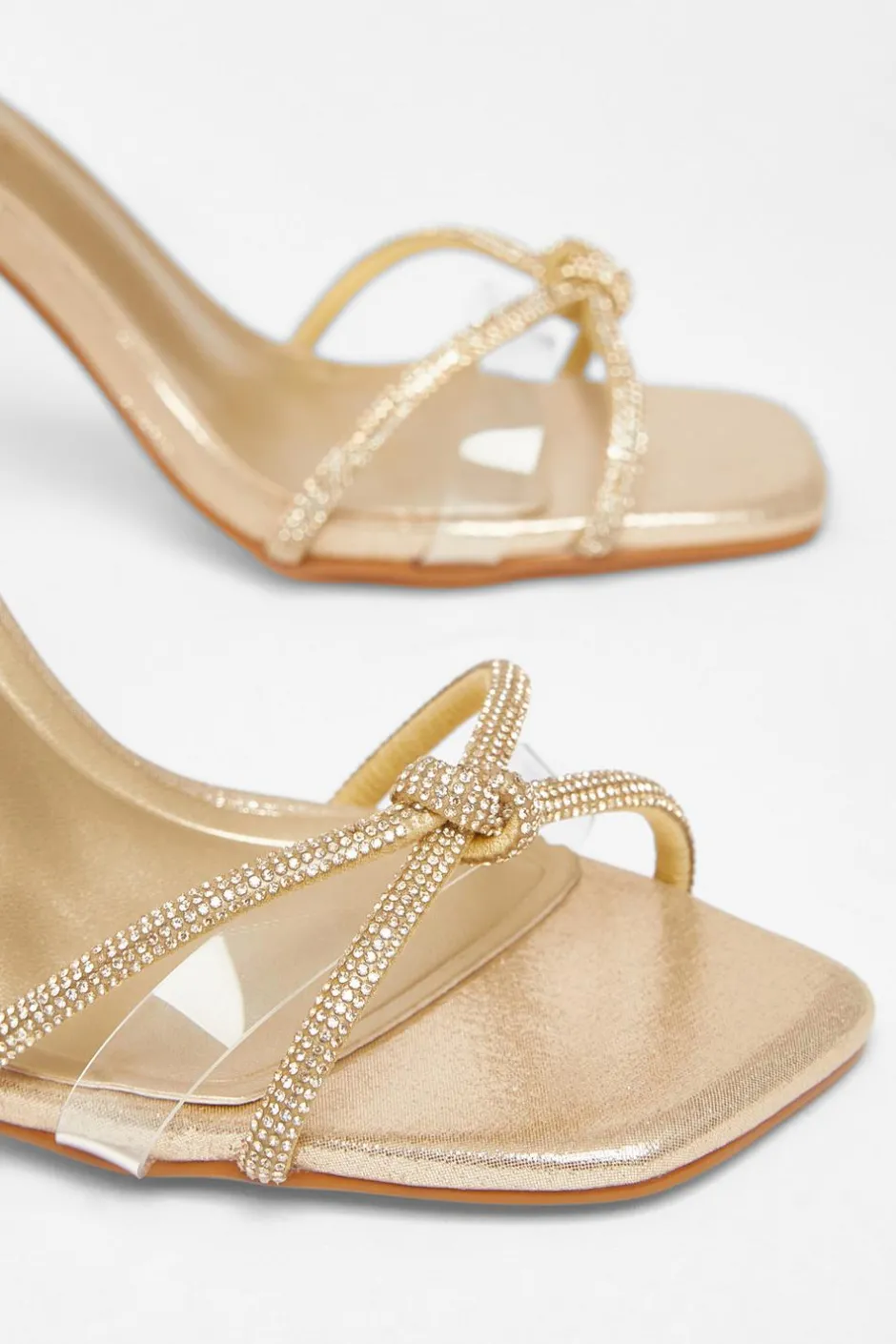 Quiz Wide Fit Diamante Clear Block Heels Gold Discount
