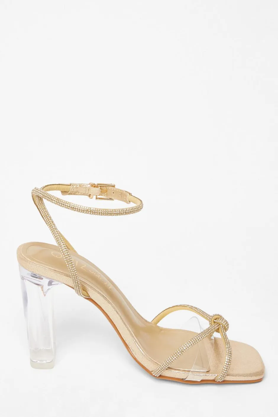 Quiz Wide Fit Diamante Clear Block Heels Gold Discount