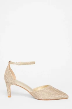 Quiz Wide Fit Diamante Court Heels Gold Online
