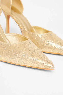 Quiz Wide Fit Diamante Court Heels Gold Hot