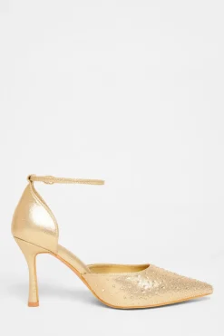 Quiz Wide Fit Diamante Court Heels Gold Hot