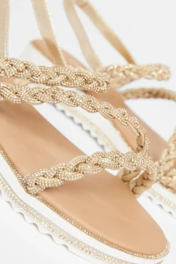 Quiz Wide Fit Diamante Flat Sandals Gold
