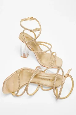 Quiz Wide Fit Gold Diamante Heeled Sandals Sale