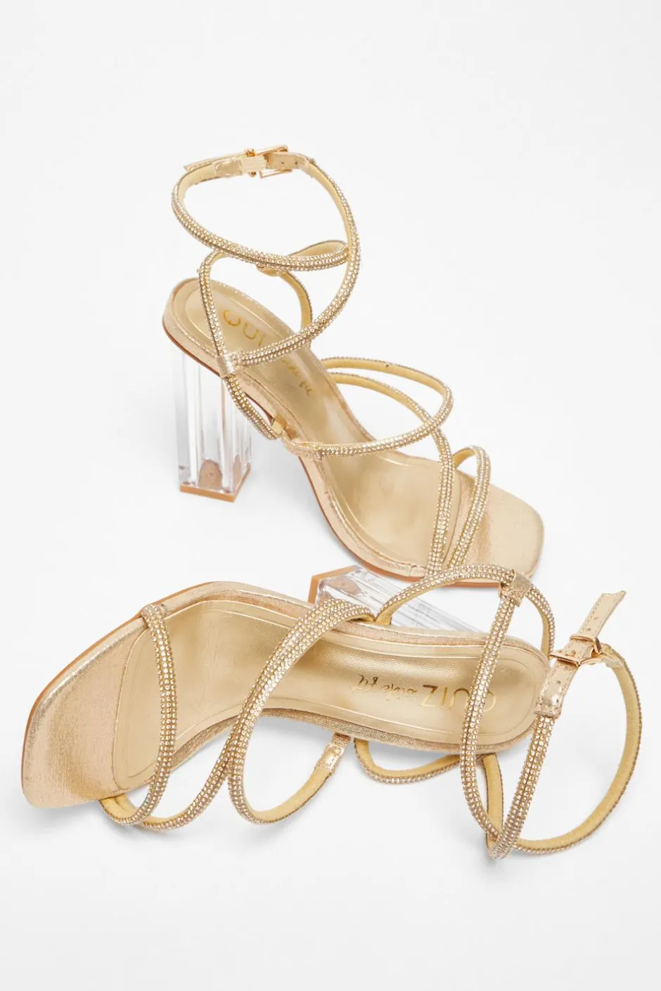 Quiz Wide Fit Gold Diamante Heeled Sandals Sale