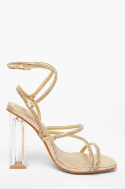 Quiz Wide Fit Gold Diamante Heeled Sandals Sale