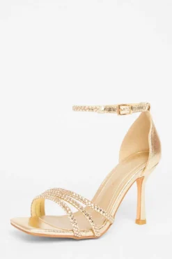 Quiz Wide Fit Gold Diamante Heels