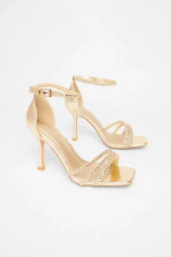 Quiz Wide Fit Gold Diamante Heels