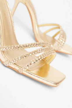 Quiz Wide Fit Gold Diamante Heels
