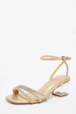 Quiz Wide Fit Gold Diamante Low Heeled Sandal Clearance