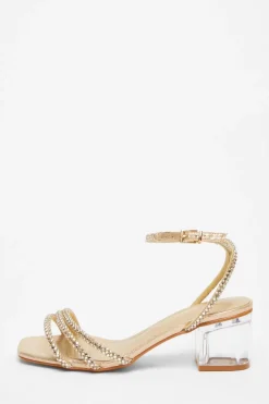 Quiz Wide Fit Gold Diamante Low Heeled Sandal Clearance
