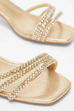 Quiz Wide Fit Gold Diamante Low Heeled Sandal Clearance