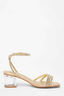 Quiz Wide Fit Gold Diamante Low Heeled Sandal Clearance