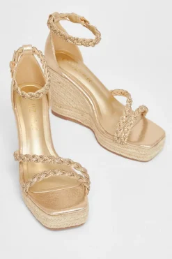 Quiz Wide Fit Diamante Platform Wedges Gold Best