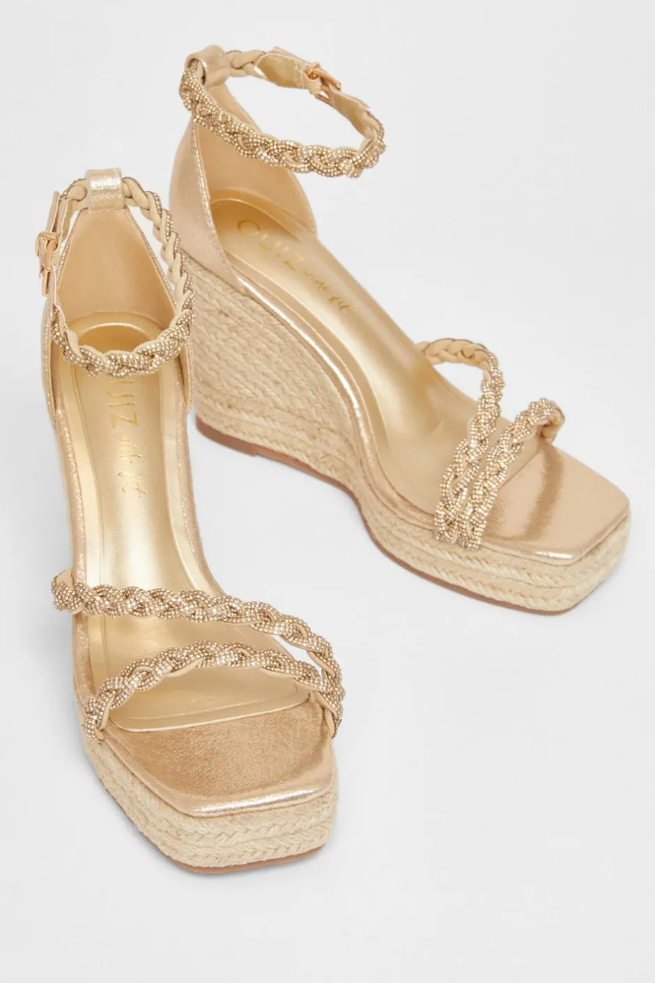 Quiz Wide Fit Diamante Platform Wedges Gold Best