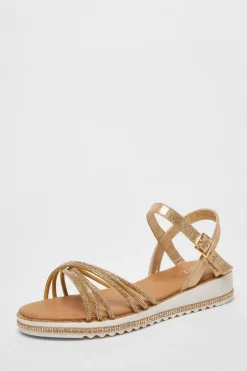 Quiz Wide Fit Gold Diamante Strap Sandals Online