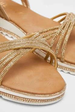 Quiz Wide Fit Gold Diamante Strap Sandals Online