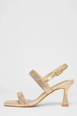 Quiz Wide Fit Diamante Strappy Heels Gold New