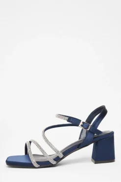 Quiz Wide Fit Diamante Block Heels Navy Clearance