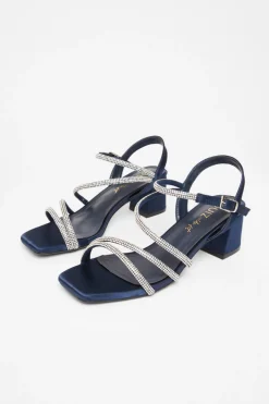 Quiz Wide Fit Diamante Block Heels Navy Clearance