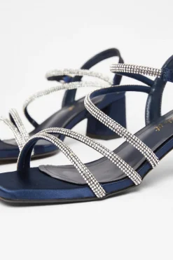 Quiz Wide Fit Diamante Block Heels Navy Clearance