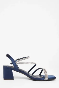 Quiz Wide Fit Diamante Block Heels Navy Clearance