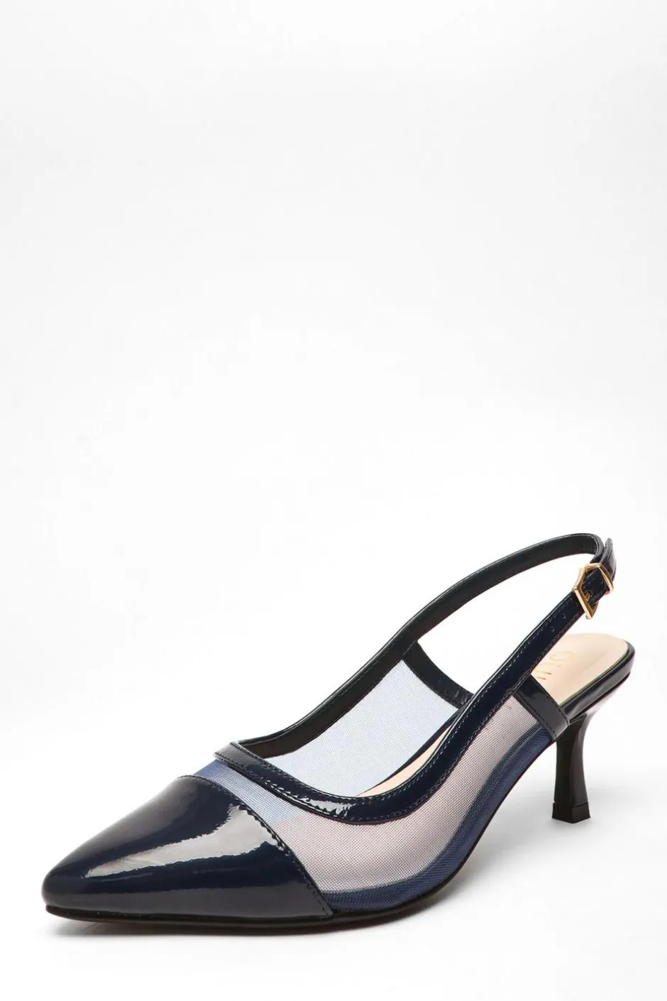 Quiz Wide Fit Navy Faux Leather Mesh Low Block Heel Outlet