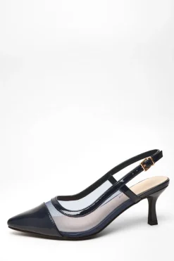 Quiz Wide Fit Navy Faux Leather Mesh Low Block Heel Outlet