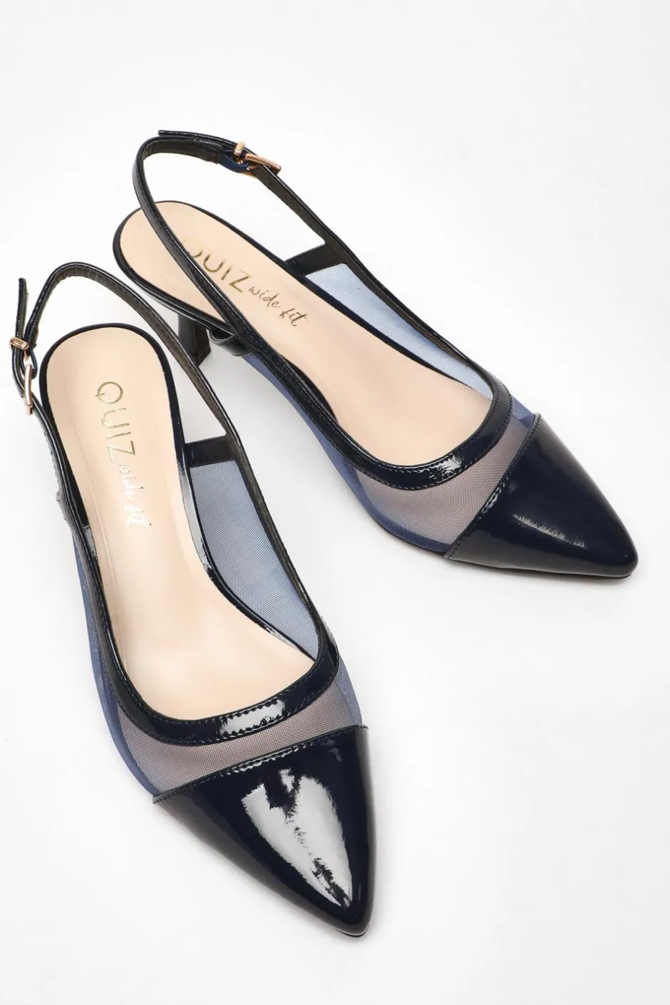 Quiz Wide Fit Navy Faux Leather Mesh Low Block Heel Outlet