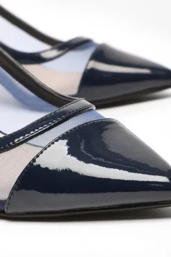 Quiz Wide Fit Navy Faux Leather Mesh Low Block Heel Outlet