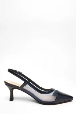 Quiz Wide Fit Navy Faux Leather Mesh Low Block Heel Outlet