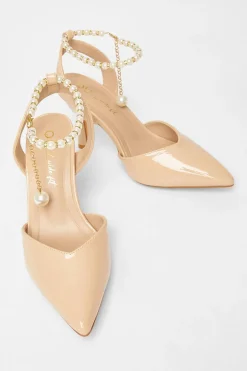 Quiz Wide Fit Pearl Strap Court Heels Nude Clearance