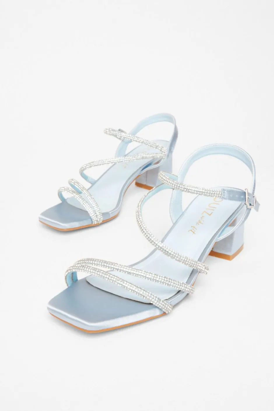 Quiz Wide Fit Diamante Block Heels Pale Blue Discount