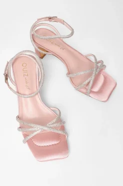 Quiz Wide Fit Diamante Strap Block Heels Pink Clearance