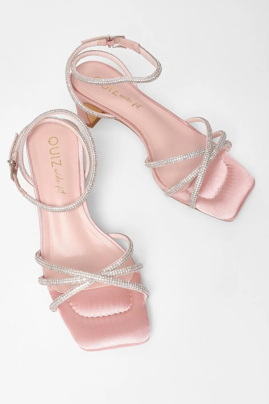 Quiz Wide Fit Diamante Strap Block Heels Pink Clearance