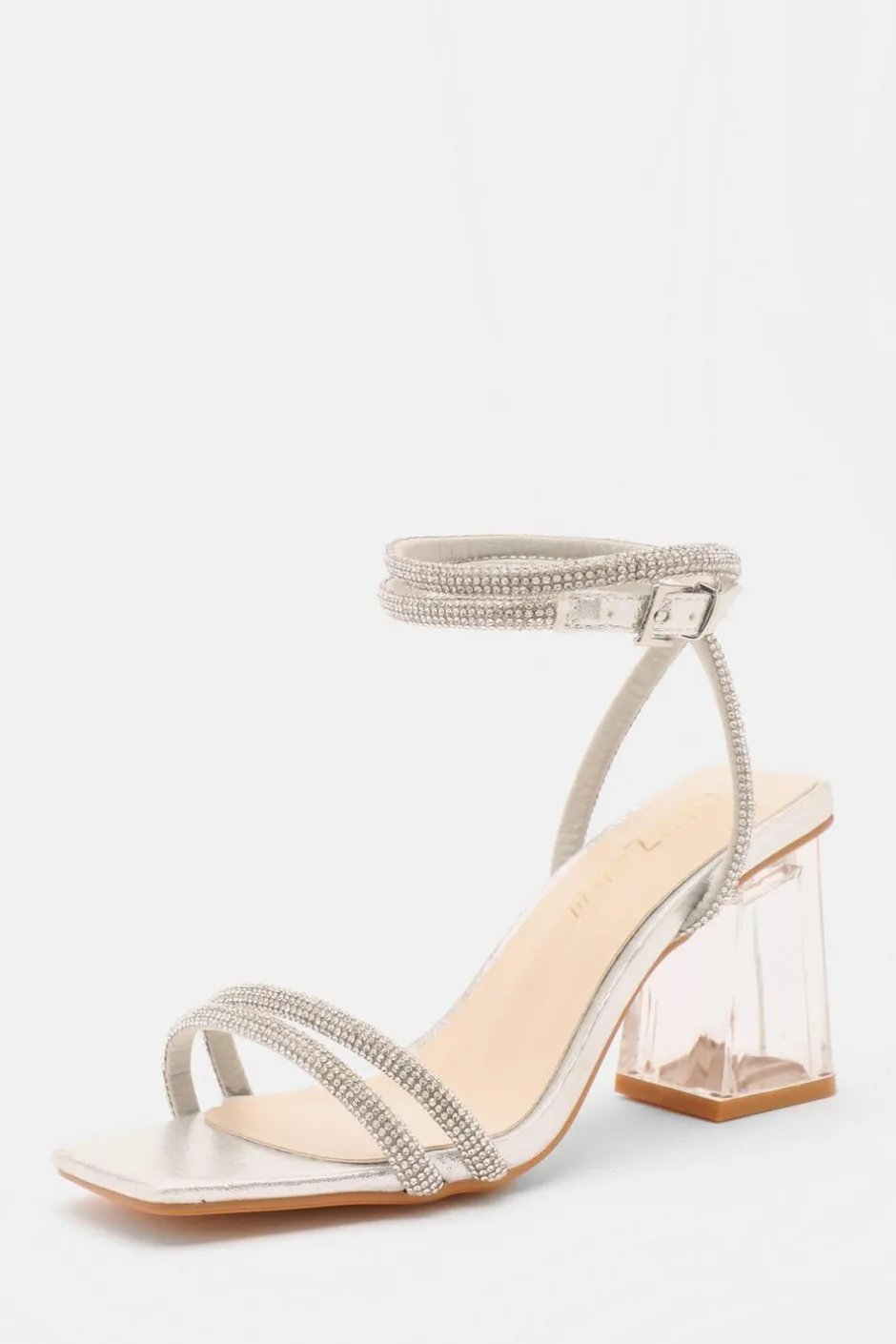 Quiz Wide Fit Silver Diamante Clear Block Heeled Sandals Best