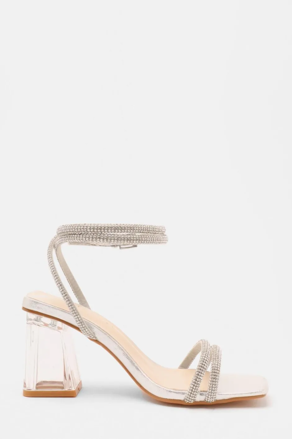 Quiz Wide Fit Silver Diamante Clear Block Heeled Sandals Best