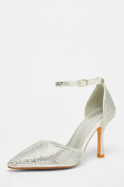 Quiz Wide Fit Silver Diamante Court Heels Hot