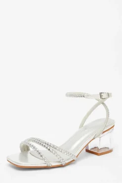Quiz Wide Fit Silver Diamante Low Heeled Sandal Clearance